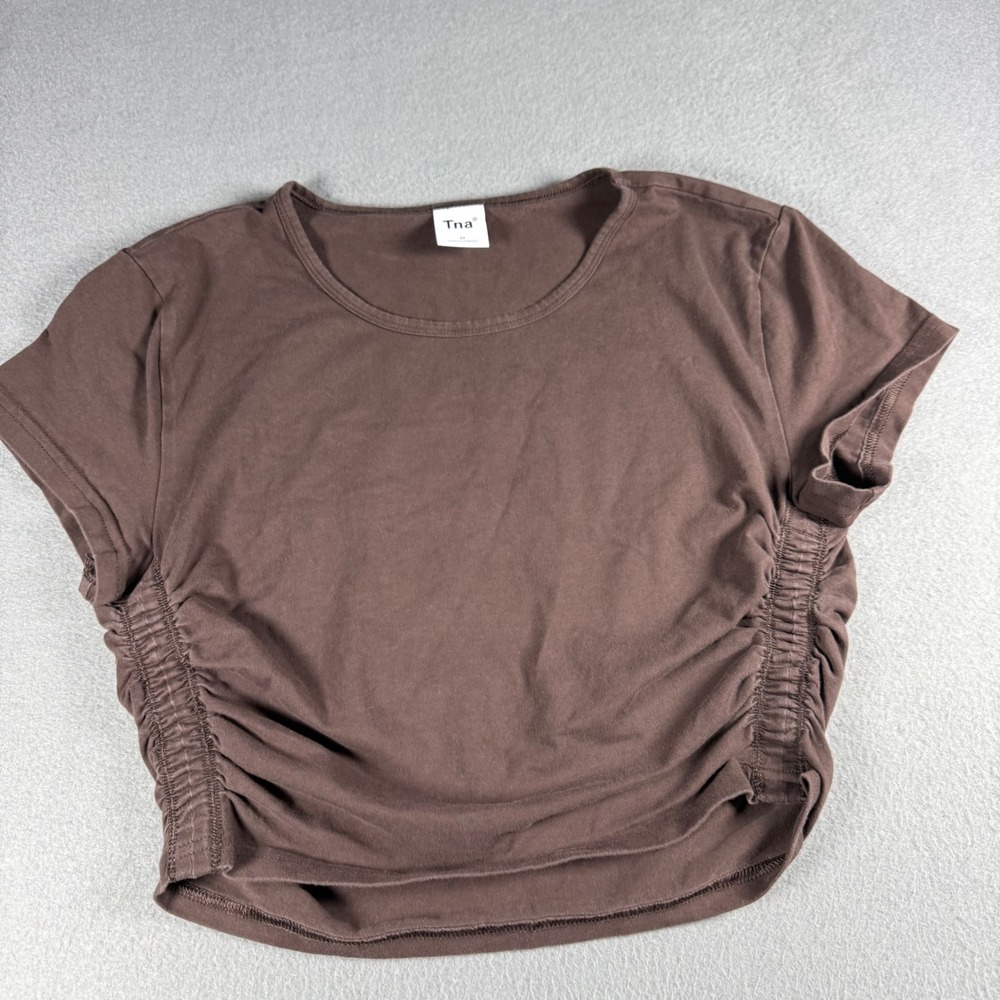 Tna Aritzia Womens Medium Ruched Side Cinched Crop Top Short Sleeve Brown Tee